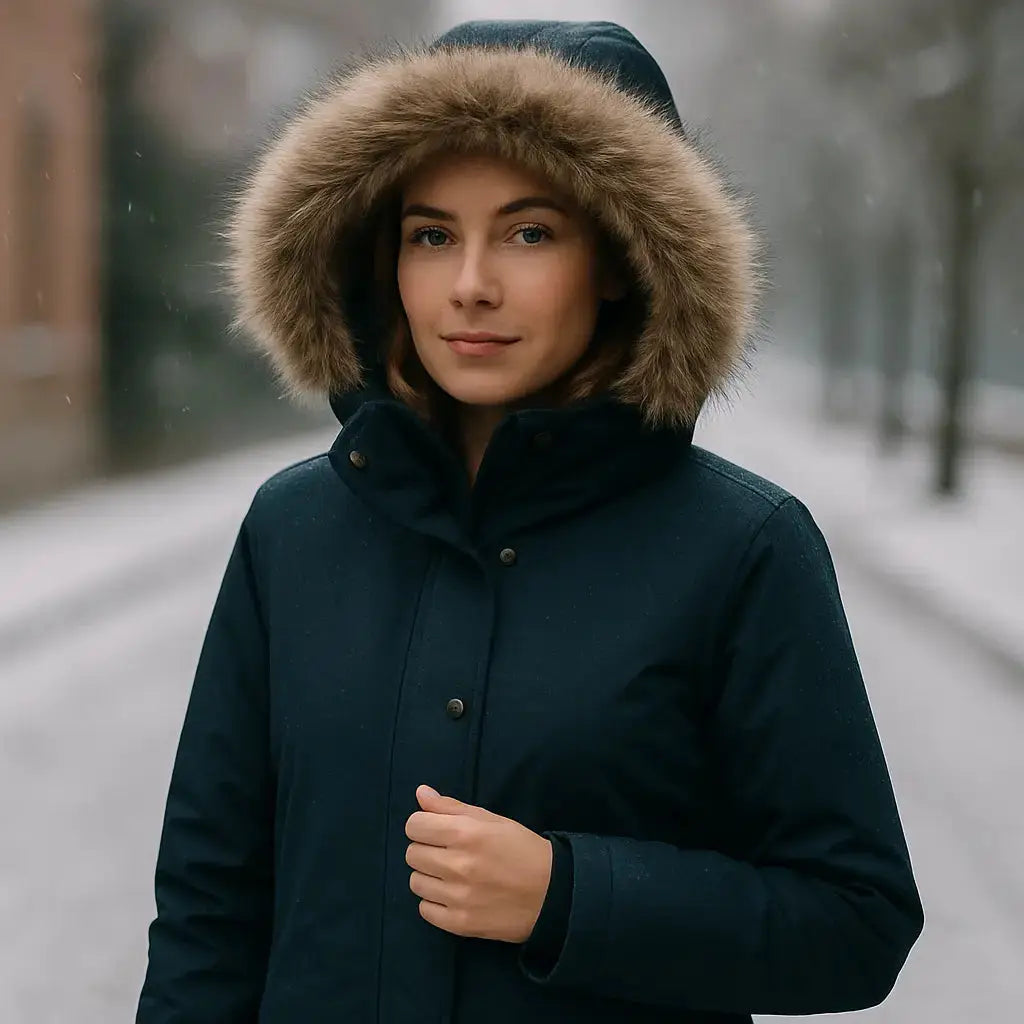 Femme portant une parka hiver chaude avec capuche, idéale pour affronter l’hiver en France.