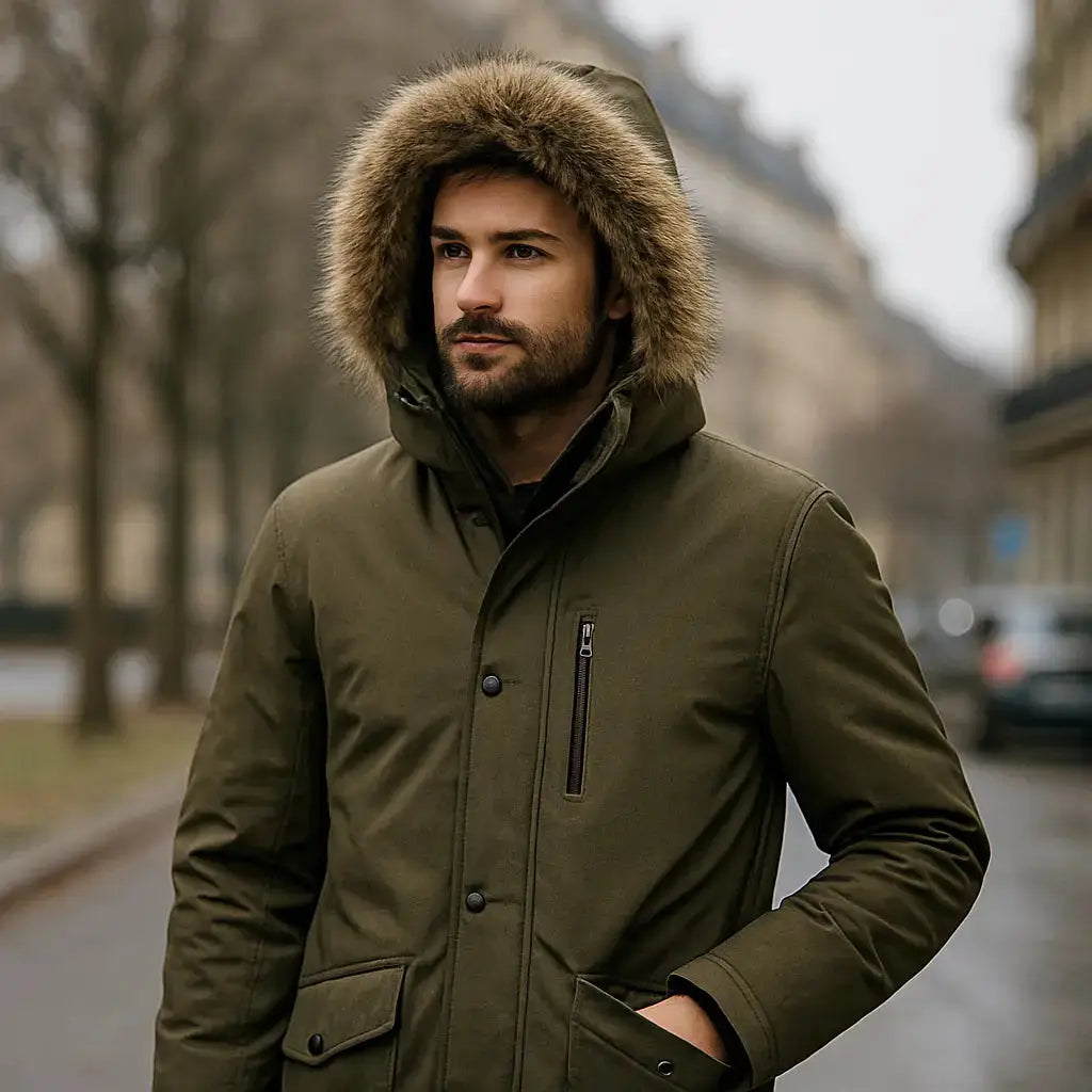 Homme portant une parka avec capuche, utile pour illustrer un guide des tailles parka homme femme enfant.