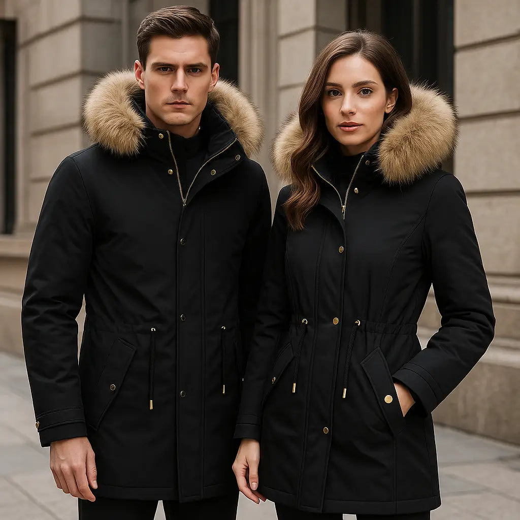 Homme et femme portant des parkas longues noires, pour comparer parka longue ou courte. Image