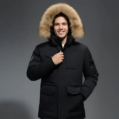 Parka homme noir avec doublure matelassée et trim en fourrure pour homme