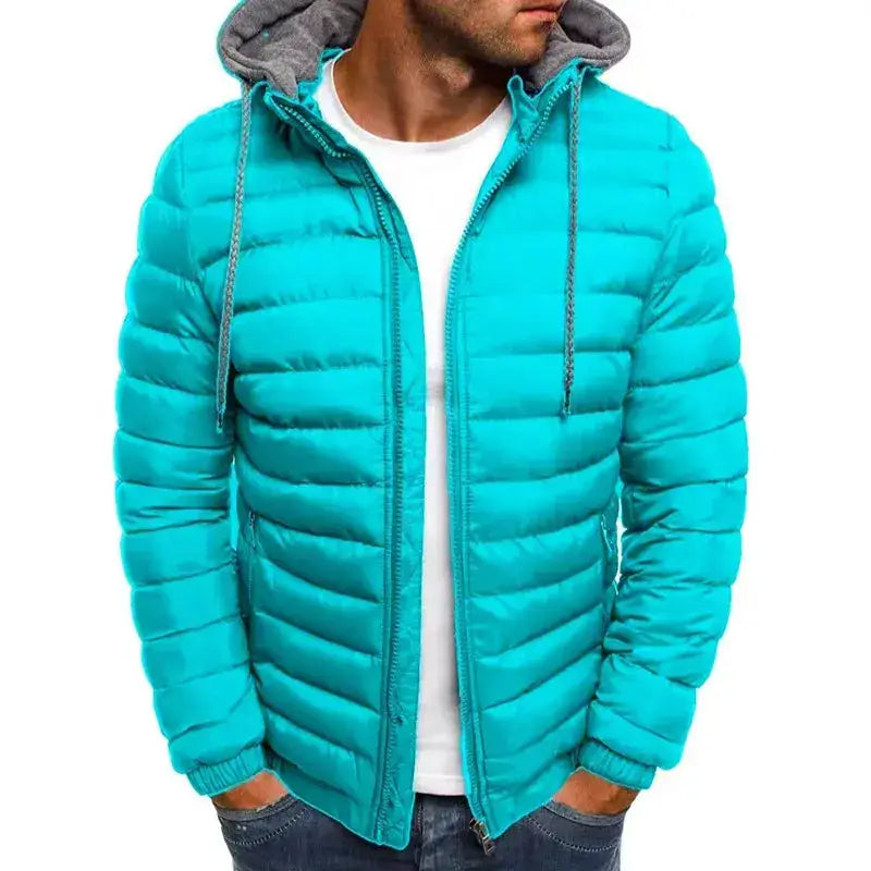 Doudoune parkas homme turquoise avec capuche grise, veste doudoune légère et chaude