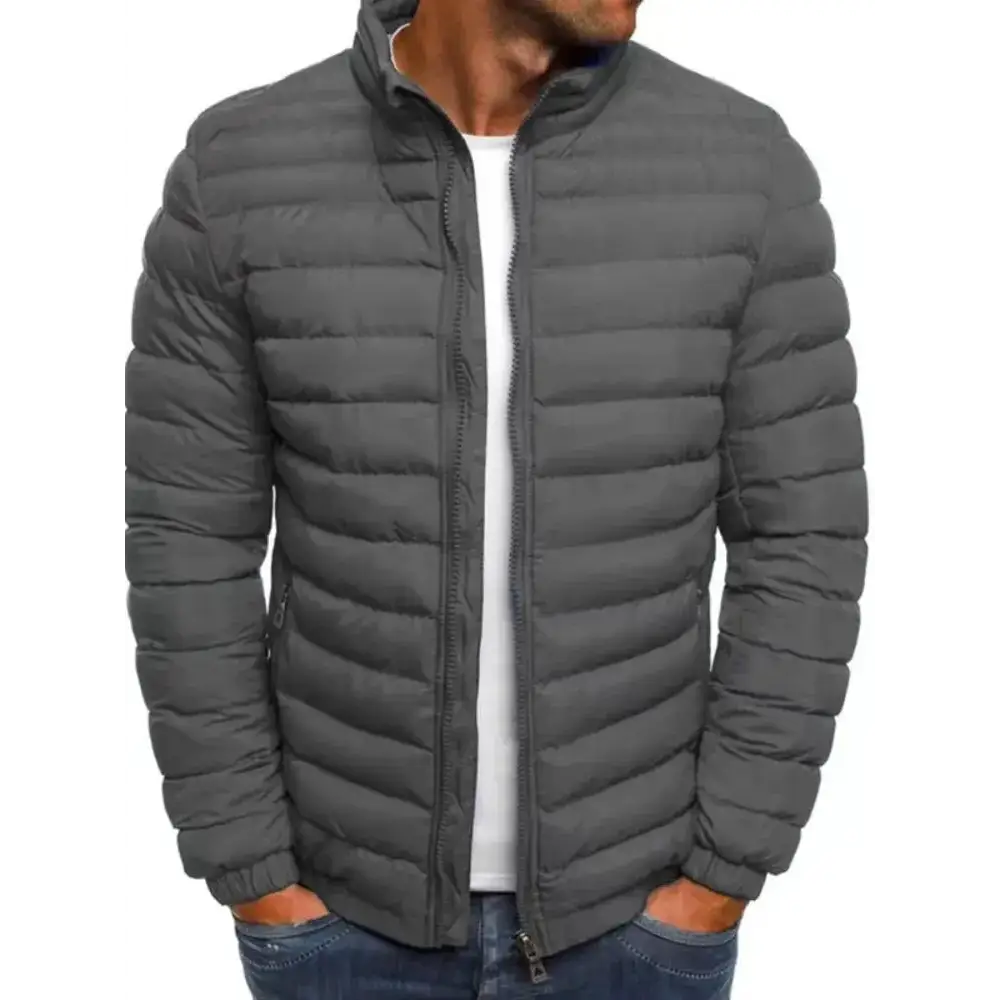Doudoune parkas homme gris foncé avec zipper et col montant, parfait pour l’hiver