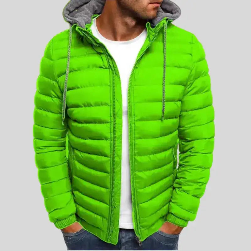 Doudoune parkas homme, veste puffer verte brillante avec capuche grise pour homme