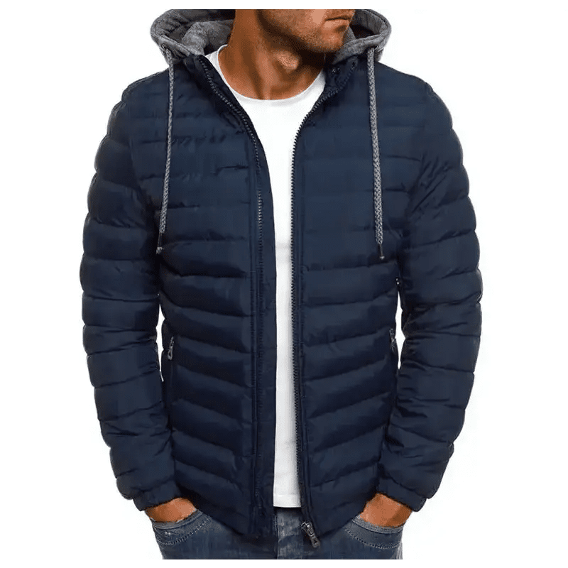 Parka doudoune homme légère de couleur bleu marine avec capuche et fermeture éclair.