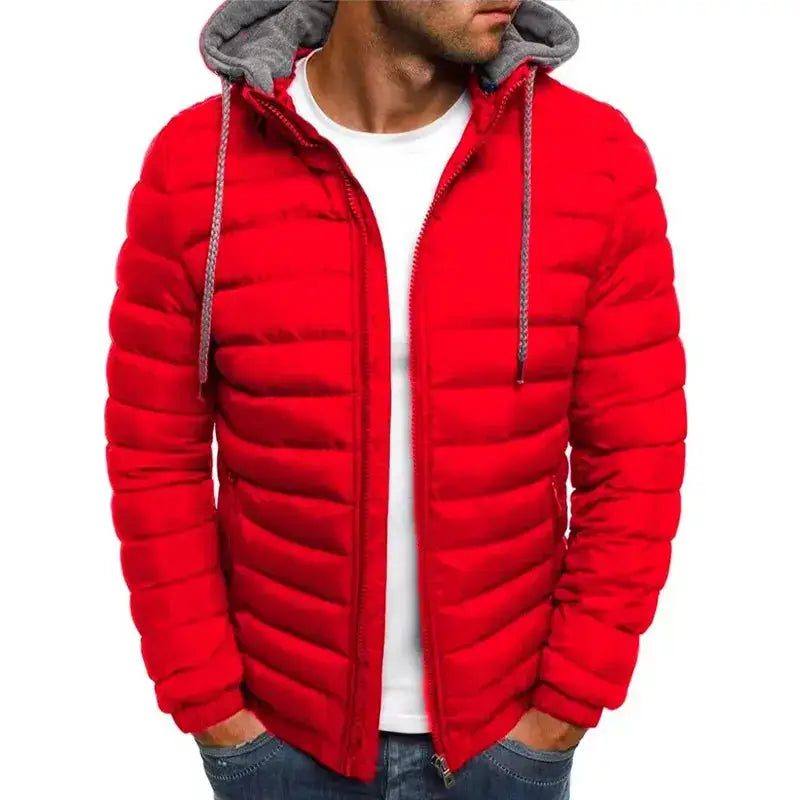 Doudoune parkas homme rouge avec capuche grise et cordons pour un look chaud