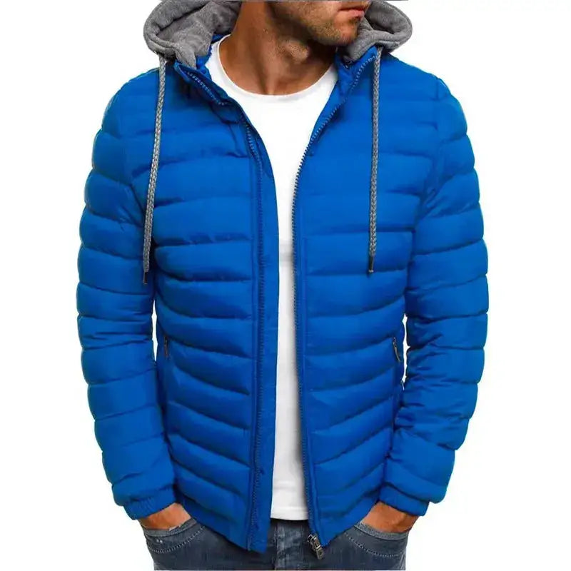 Doudoune parkas homme bleue avec capuche grise et t-shirt blanc pour homme