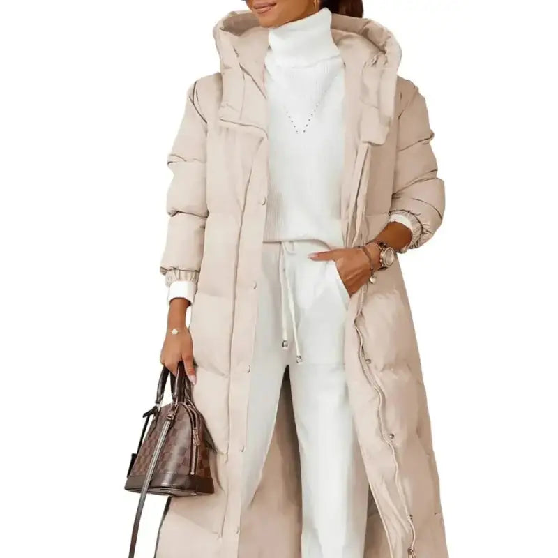 Longue parka femme beige à capuche réglable, idéale pour usage quotidien