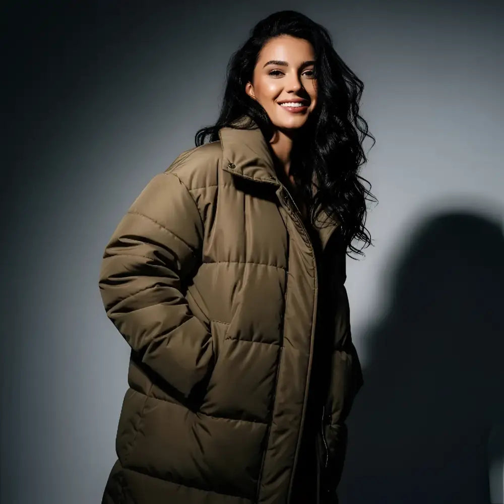 Femme souriante portant une longue parka femme olive avec capuche réglable pour usage quotidien