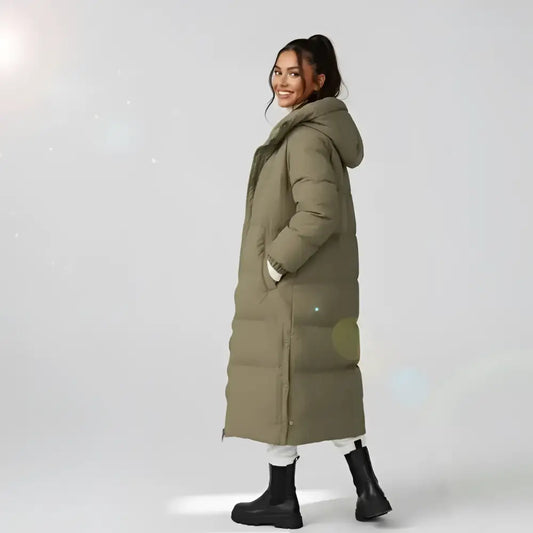 Longue parka femme olive-green avec capuche réglable pour usage quotidien