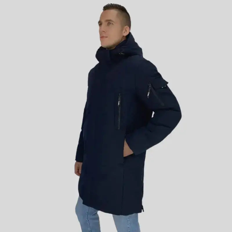 Longue parka homme navy blue avec capuche et multiples poches zippées pour homme