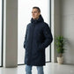 Parka homme longue en bleu marine avec capuche, idéale pour l’hiver