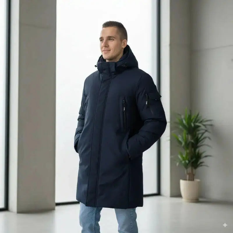 Parka homme longue en bleu marine avec capuche, idéale pour l’hiver