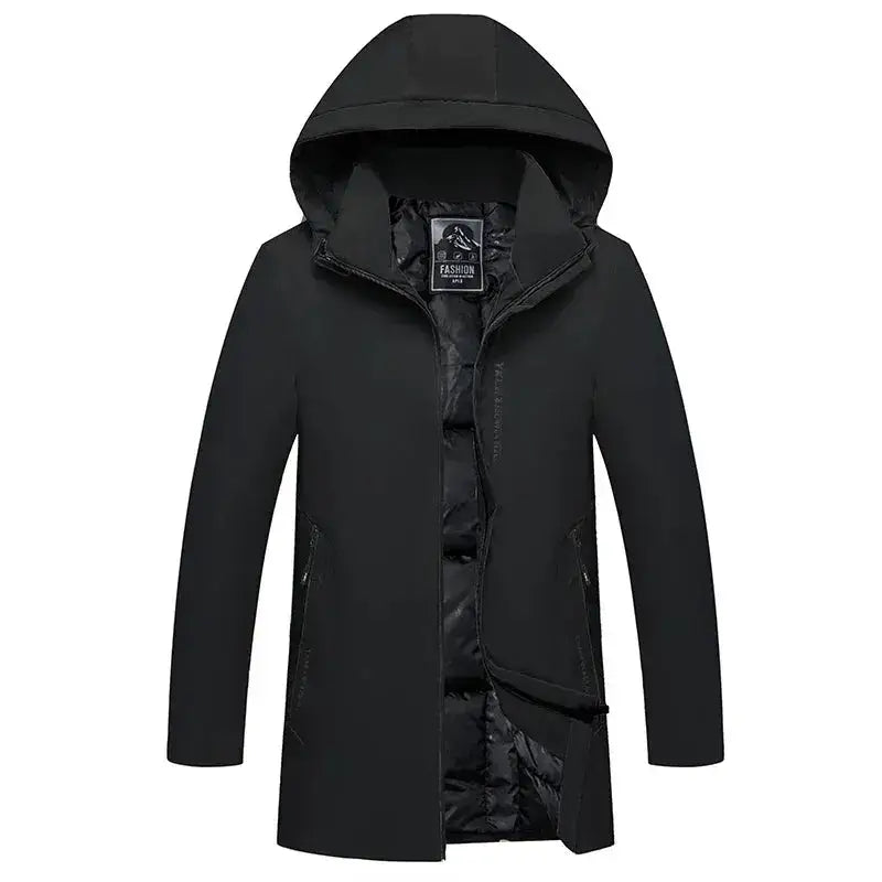 Longue parka homme noire avec doublure matelassée, parfait pour l’hiver