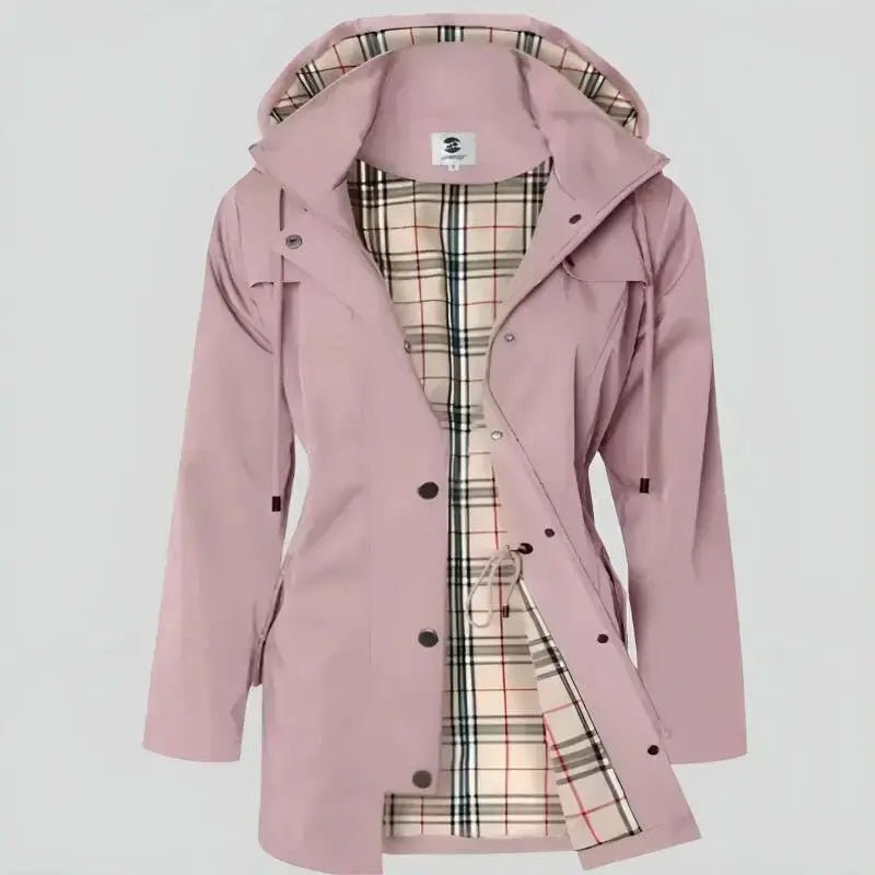 Parka Femme Doublure Tartan à Capuche de couleur rose avec capuche et motif tartan à l'intérieur.