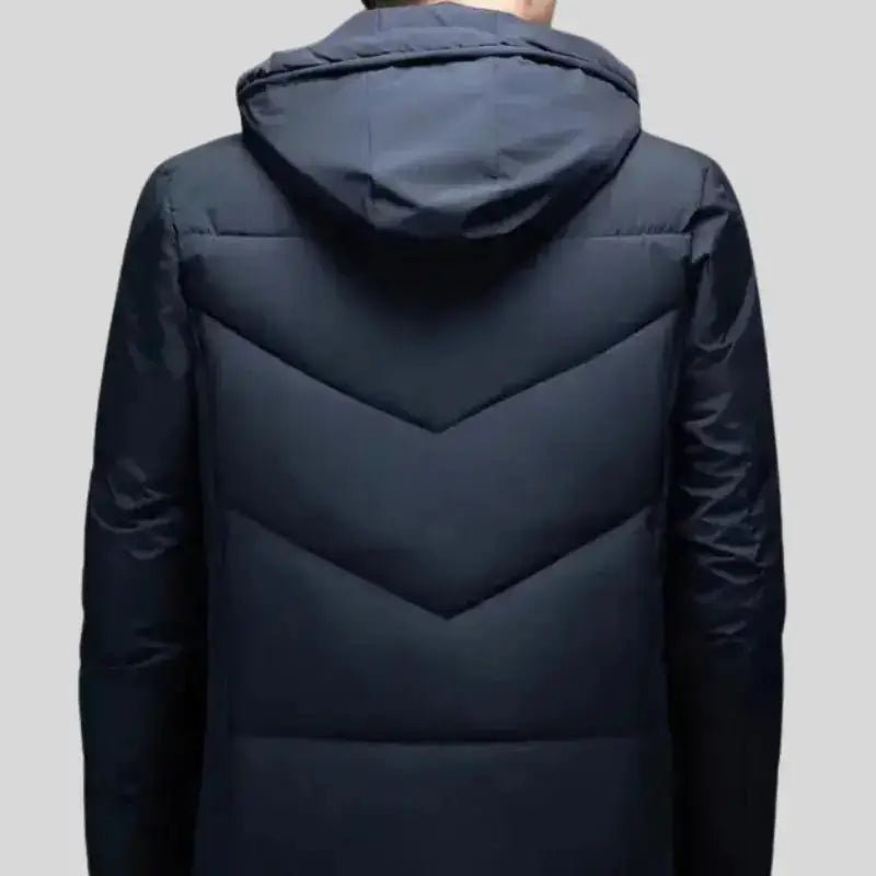 Parka homme bleu marine grande taille vue arrière, design élégant et sobre.