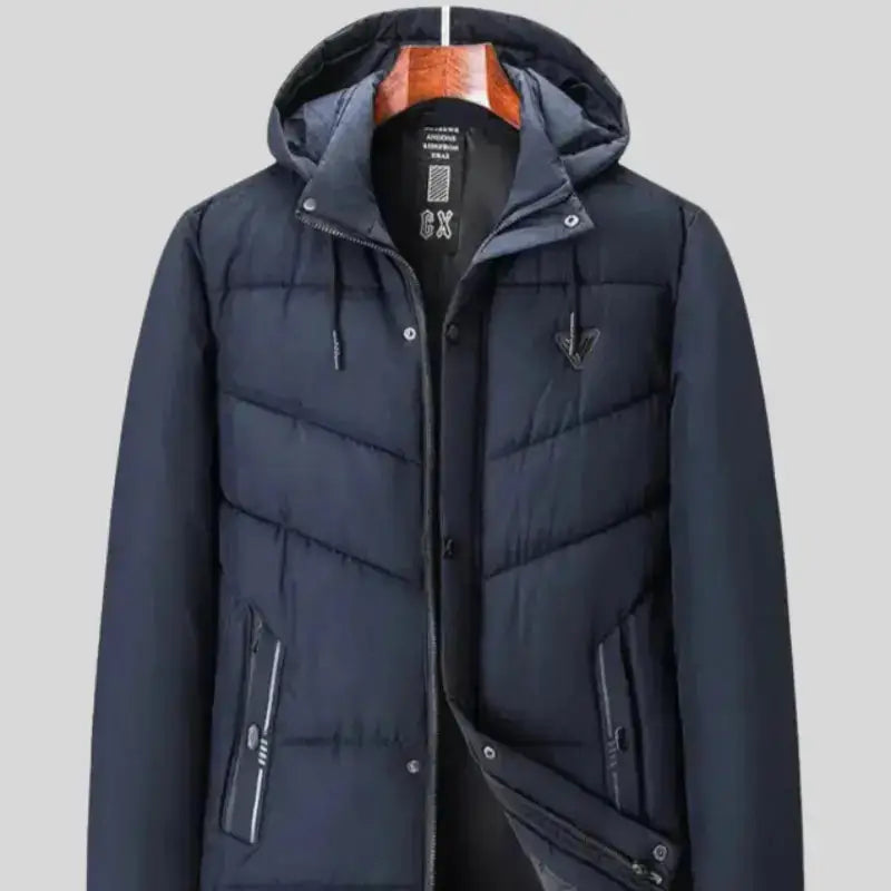 Parka bleu marine homme avec doublure intérieure, protection efficace, veste à capuche