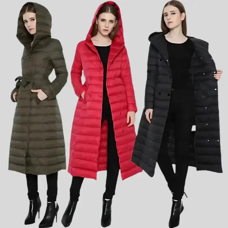 Parka femme longue à capuche disponible en noir, vert militaire et rouge, parfaite pour l'hiver.
