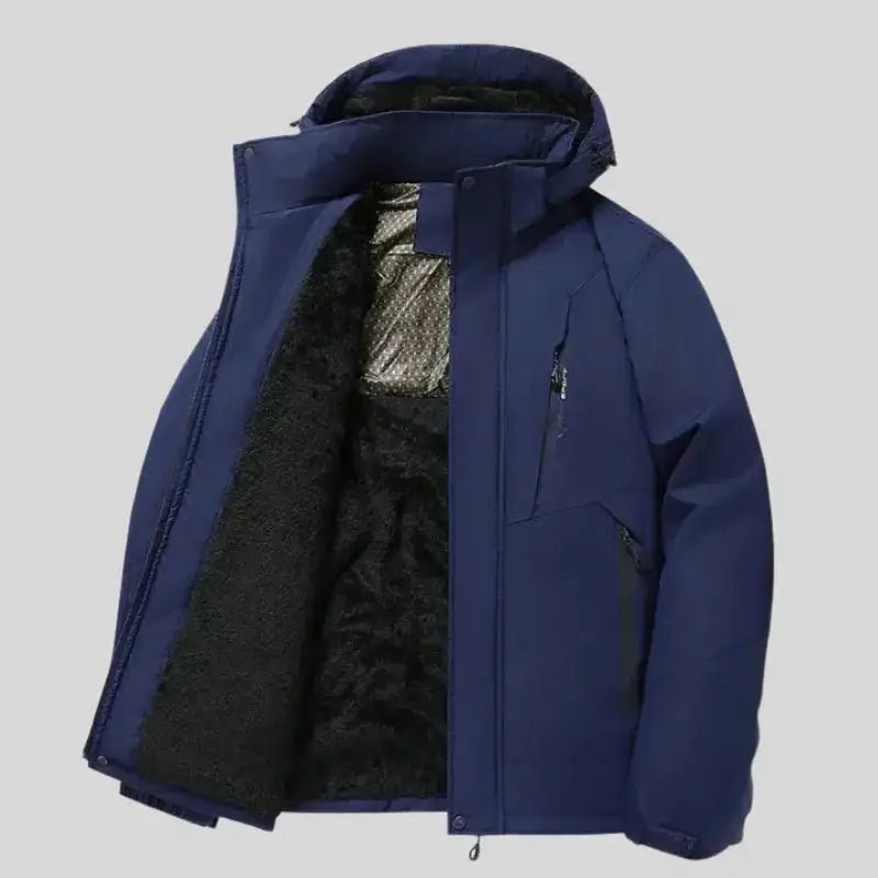 Parka homme bicolore à capuche de couleur bleue avec doublure intérieure en fourrure.