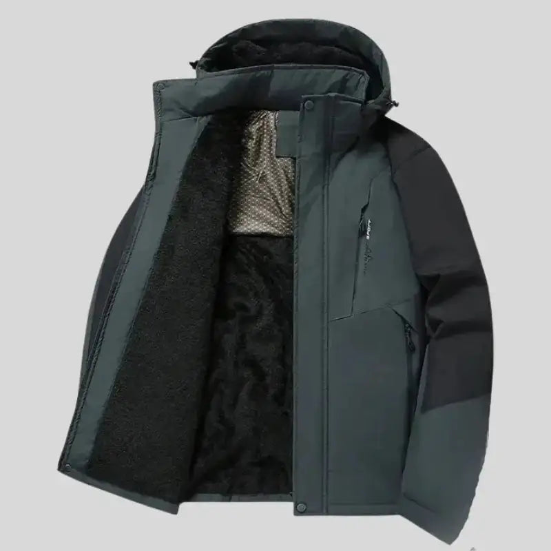 Parka homme bicolore à capuche, intérieur en laine pour un confort optimal, design moderne et urbain.