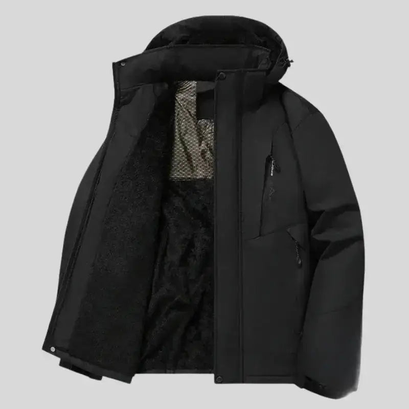 Parka homme bicolore à capuche ouverte montrant l'intérieur doux et les détails de conception.