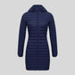 Parka chaude femme marine à capuche, duvet longline, tissu extérieur déperlant