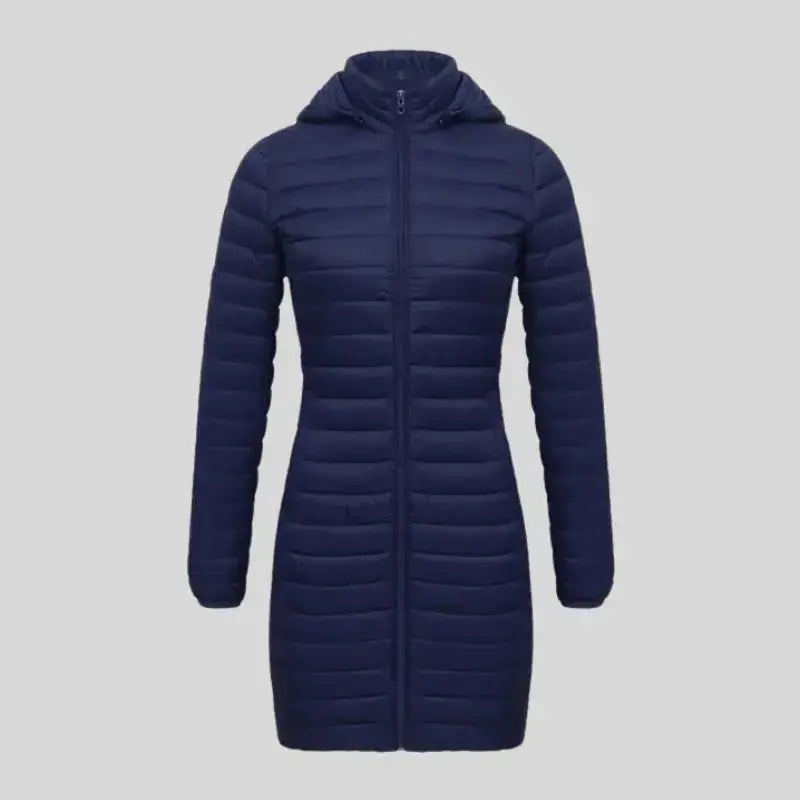 Parka chaude femme marine à capuche, duvet longline, tissu extérieur déperlant