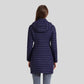 Parka chaude femme en tissu extérieur déperlant marine à capuche, long-line puffer jacket