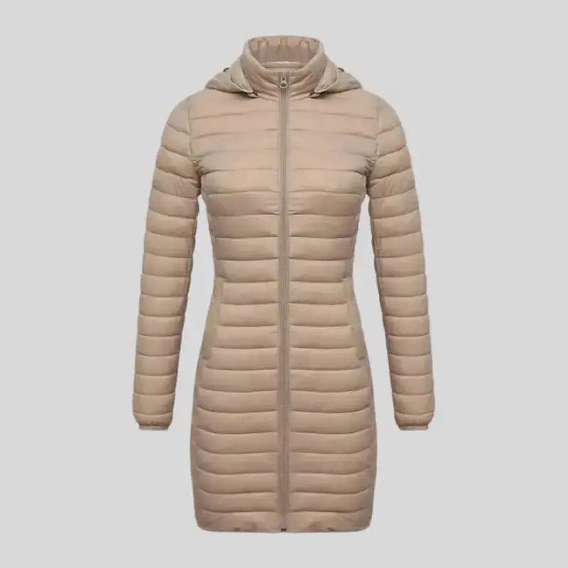 Parka femme longue matelassée beige à capuche – La Douce vue de face