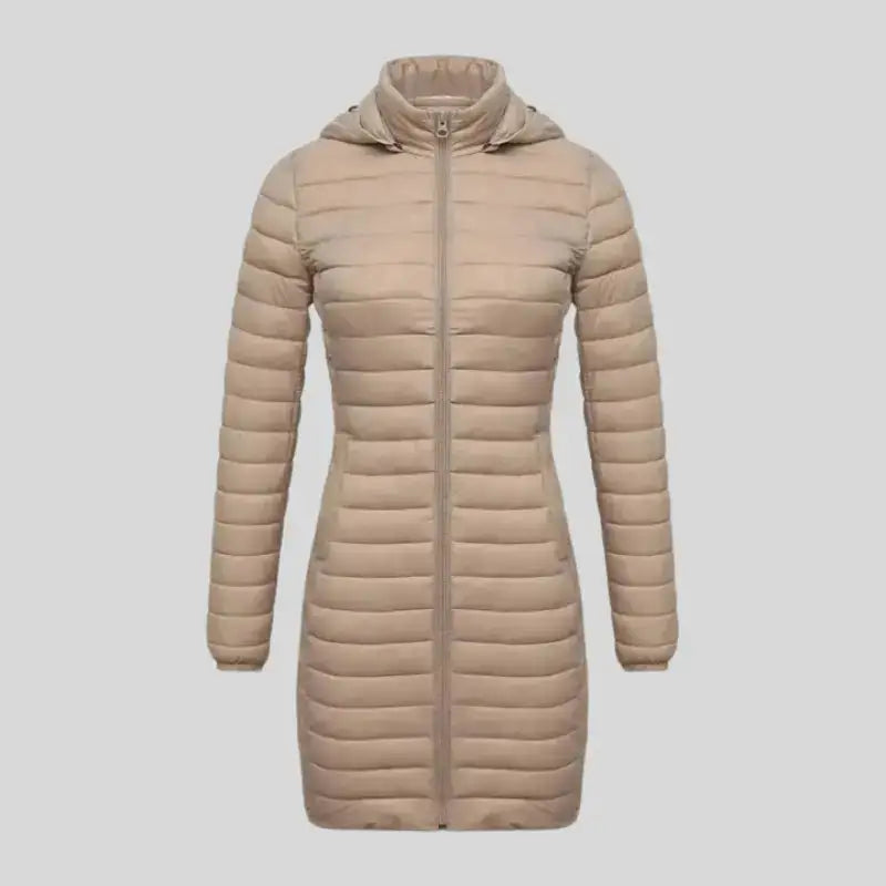 Parka chaude femme beige avec tissu extérieur déperlant et capuche marine à capuche