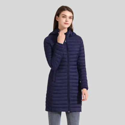 Parka chaude femme en tissu extérieur déperlant marine à capuche, long et élégante