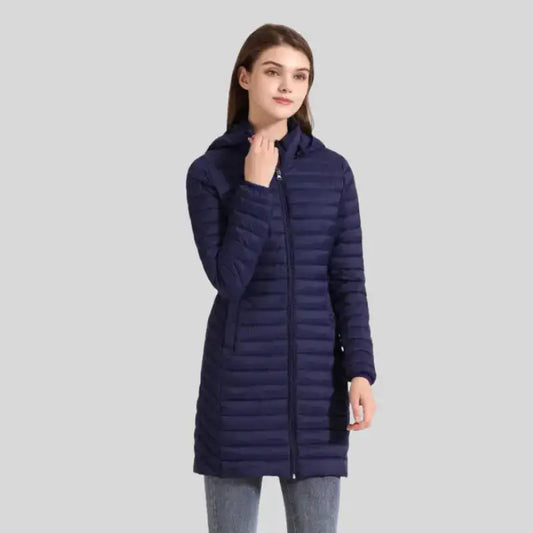 Parka chaude femme en tissu extérieur déperlant marine à capuche, long et élégante