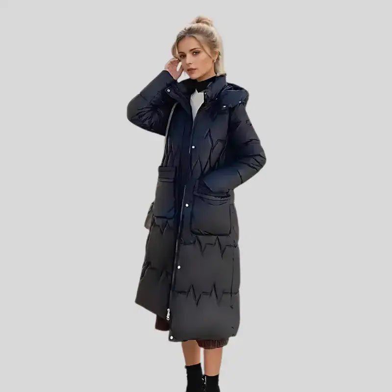 Parka femme matelassée hiver longue noire avec capuche, parfaite pour les journées fraîches.