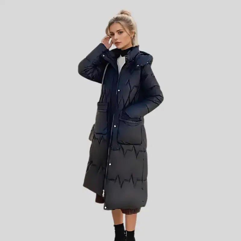 Parka chaude femme hiver en longline noir avec doublure épaisse et coupe féminine pluie légère
