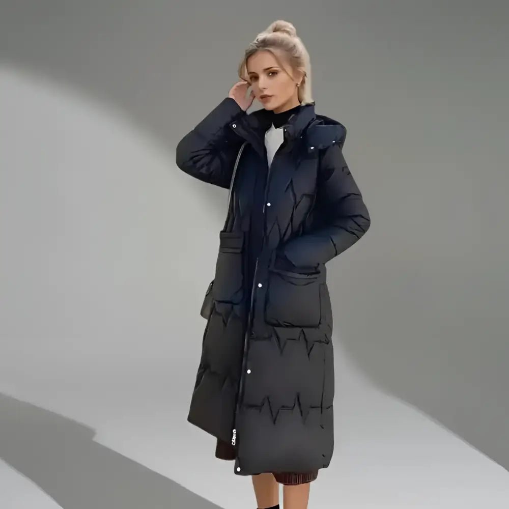 Parka femme matelassée hiver, tenue d'hiver longue noire avec capuche, parfaite pour les journées fraîches.