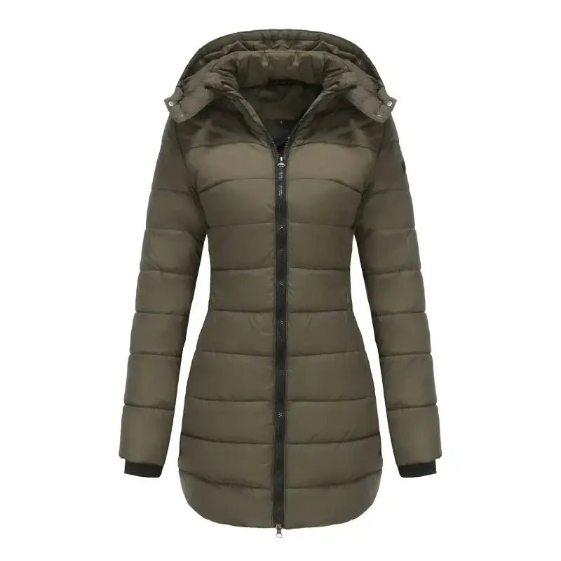 Parka chaude femme imperméable avec capuche en kaki, idéale pour l'hiver, offrant confort et style.