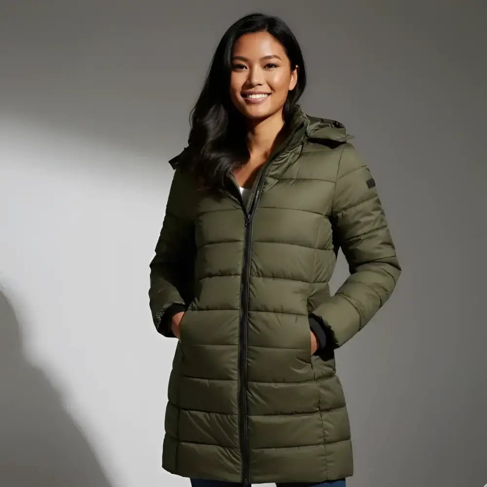 Parka femme imperméable vert militaire portée, style décontracté et élégant avec capuche.