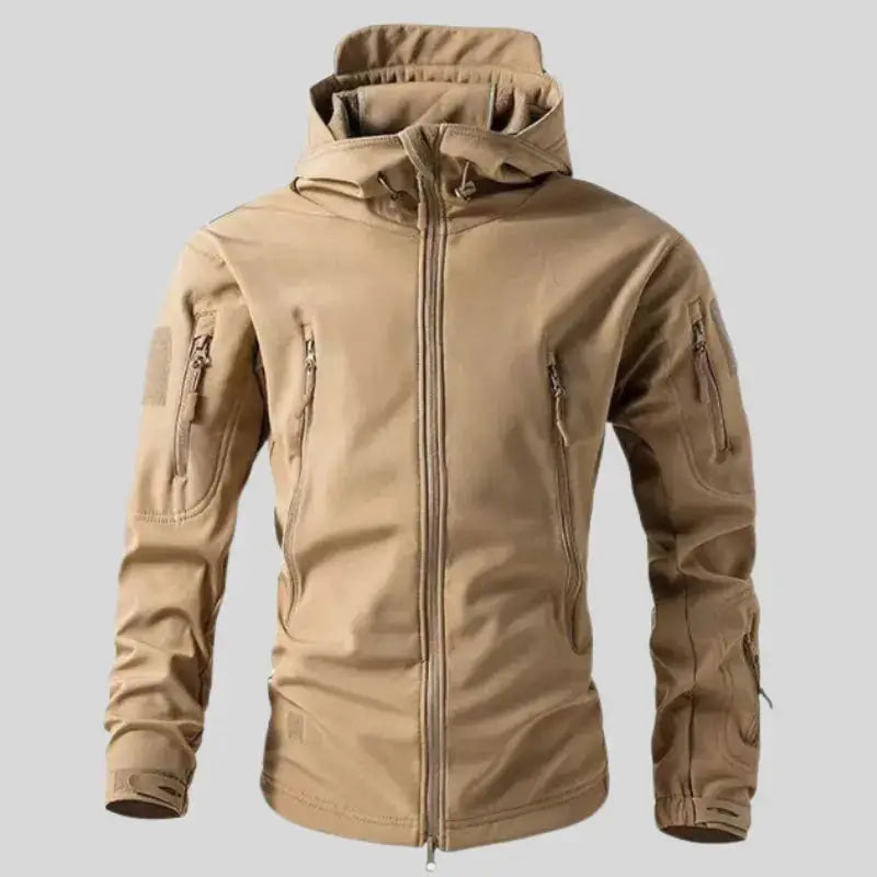 Parka chaude homme avec doublure matelassée, tissu extérieur softshell, capuche et poches zippées
