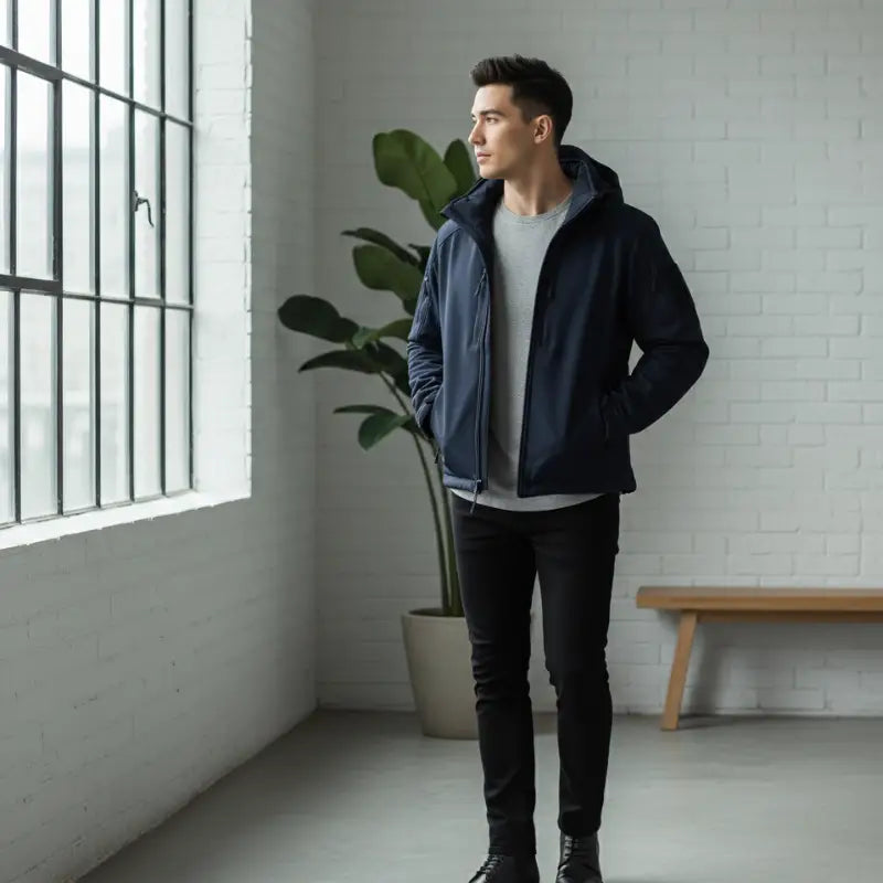 Homme portant un parka chaude homme avec doublure matelassée et tissu extérieur durable