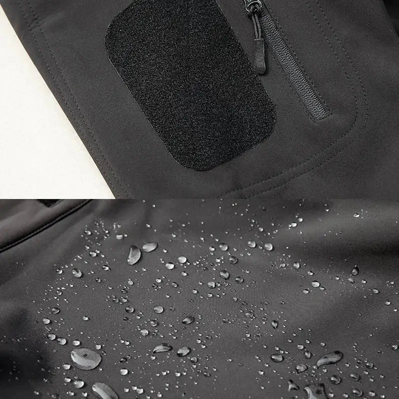 Détails de la parka homme noire décontractée montrant le tissu imperméable et la fermeture éclair.