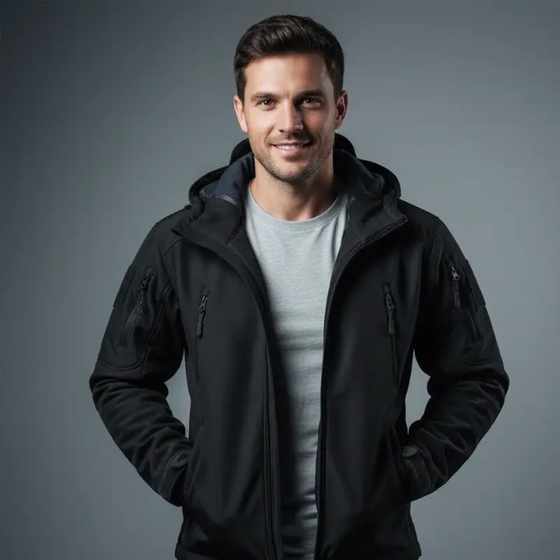 Parka homme noire décontractée avec capuche, parfaite pour les tenues urbaines de tous les jours.