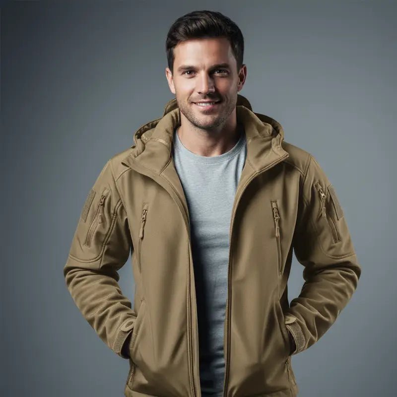 Homme portant une parka homme noire décontractée avec capuche et coupe ample, idéal pour les tenues urbaines.