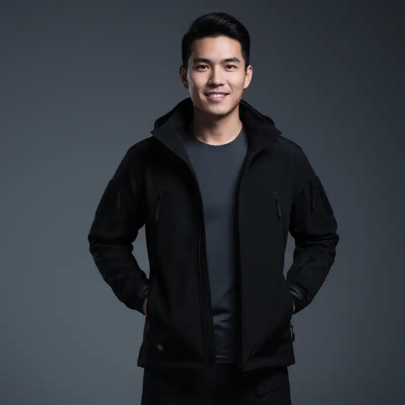 Parka homme noire décontractée portée par un jeune homme, style urbain, coupe confortable.