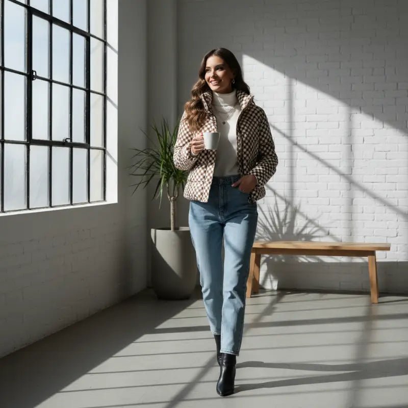 Femme portant une parka chaude femme à carreaux, tenant une tasse, dans une pièce lumineuse.