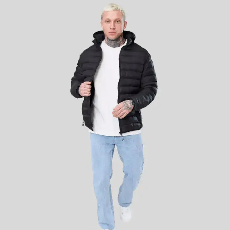 Parka doudoune homme avec tissu extérieur déperlant et style moderne, veste noire à capuche
