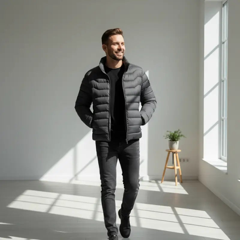 Homme souriant en parka doudoune homme, tissu extérieur déperlant alliant style