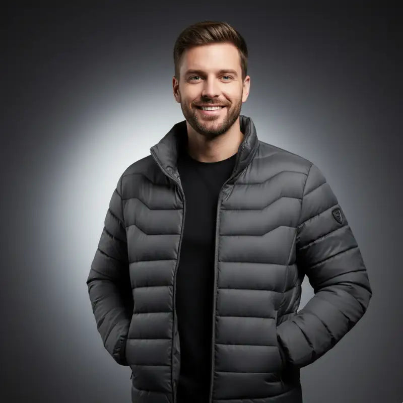 Homme souriant portant un parka doudoune homme avec tissu extérieur déperlant et style