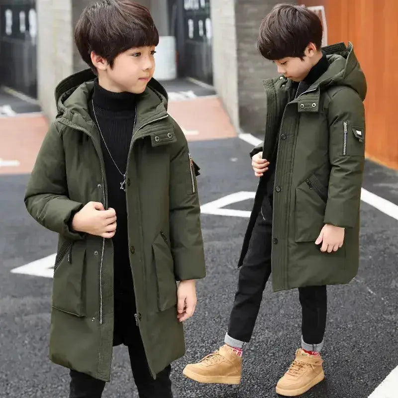 Parka enfant garçon long olive vert avec capuche et poches zippées pour protection thermique