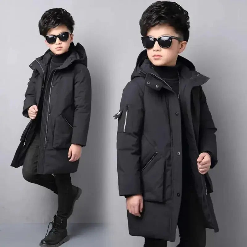 Parka enfant garçon avec capuche noire, protection thermique, poches zippées