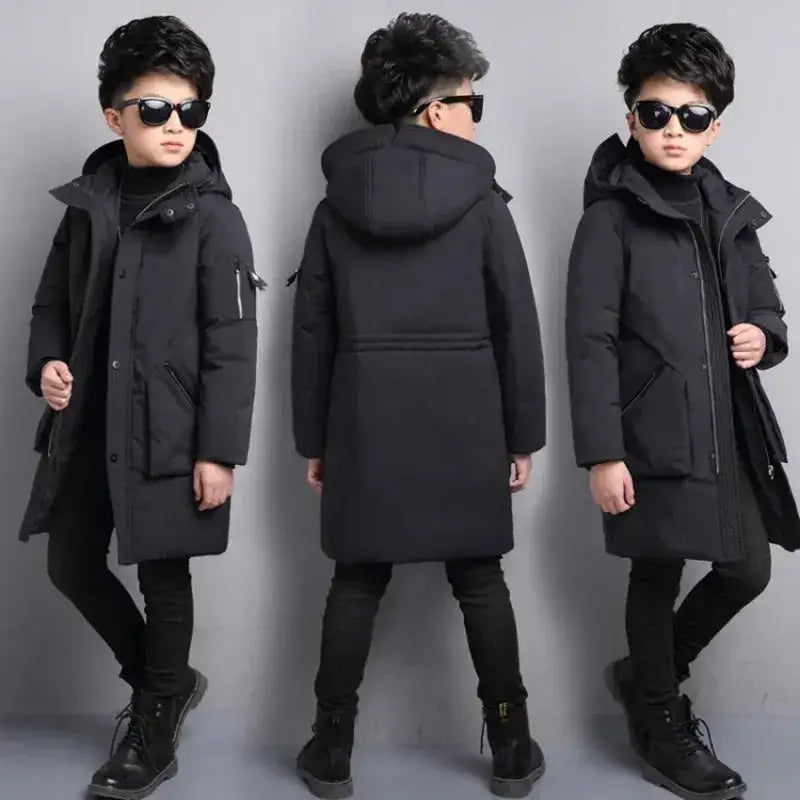 Parka enfant garçon noir avec plusieurs poches, protection thermique et cordon à la taille