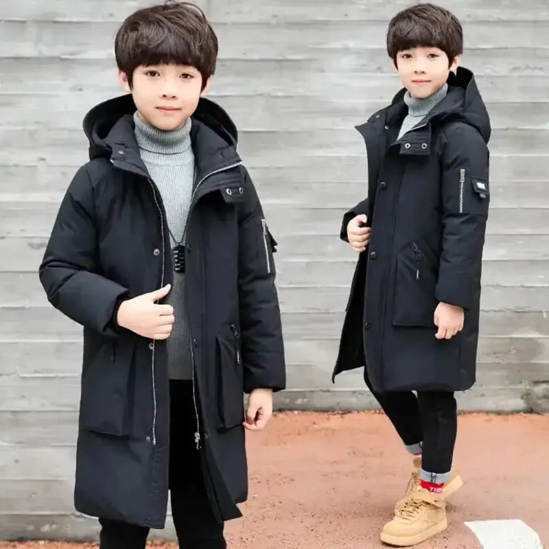 Parka enfant garçon noir avec protection thermique, longue et à multiples poches